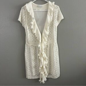 Sioni Studio Cream Short Sleeve Ruffle Front Knit Cardigan Duster Sweater Size M